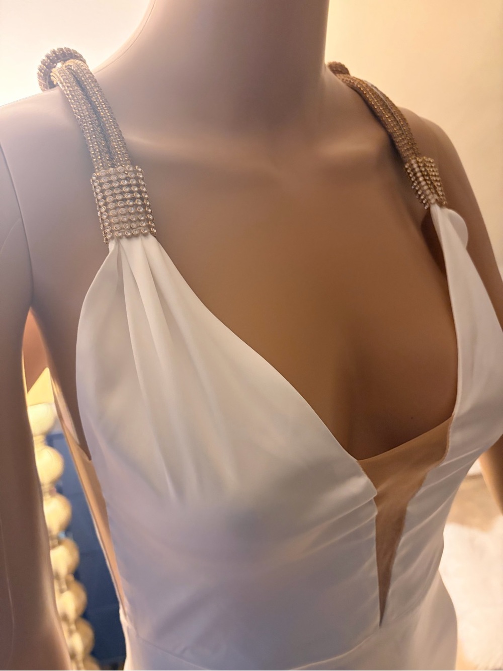 White long satin dress with Gold Strap Accents 💖
